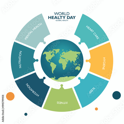 World health day infographic globe and wellness puzzle segments for medical and marketing campaigns