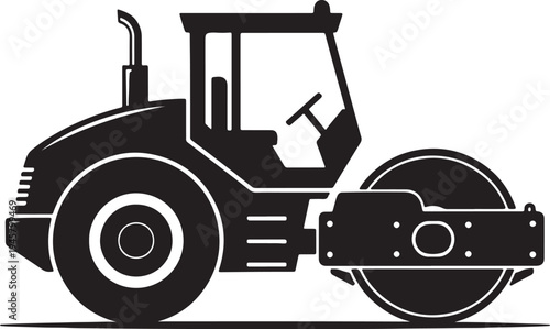 Black silhouette of a road roller construction vehicle with large wheels also transparent background