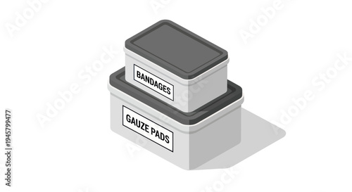 Isometric view of stacked medical supply containers for bandages and gauze pads.