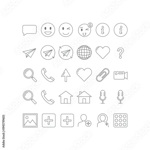A collection of simple line icons for communication and social media