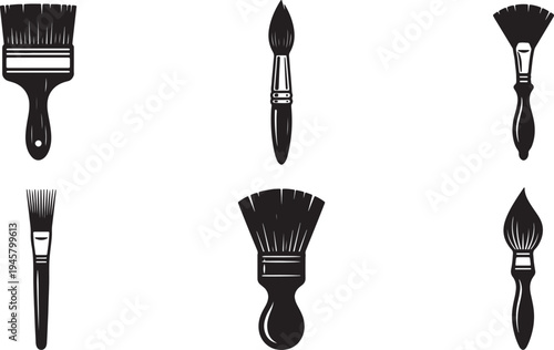 Collection of six black and white paint brushes of various shapes and sizes also transparent background
