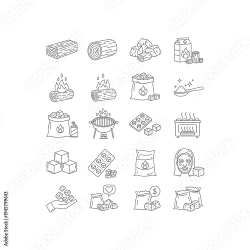 A collection of black and white illustrations of firewood and firewood related items