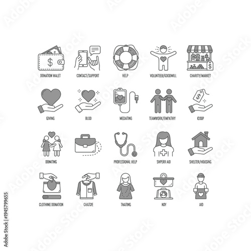 Charity and donation concept with various icons