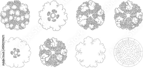 Eight abstract gray fractal tree views and one circular maze pattern