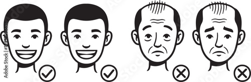 Four black and white illustrated faces showing different facial expressions and hair styles also transparent background
