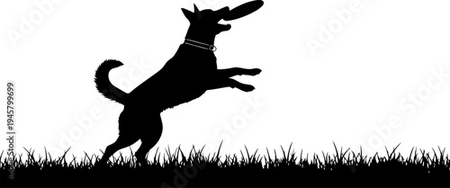 Silhouette of Dog Catching Frisbee vector on Transparent Background.