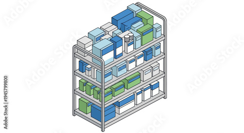 Organized Storage Rack with Various Boxes and Containers.