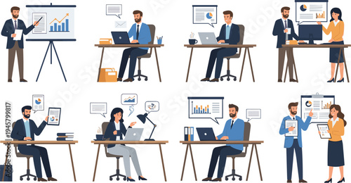 Business professionals working in office analyzing reports discussing charts using laptops and presenting data corporate workplace vector illustration set