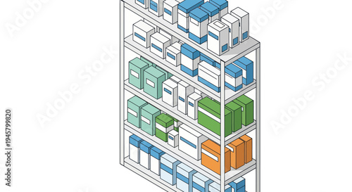 Pharmaceutical products neatly arranged on a multi-tiered shelf.
