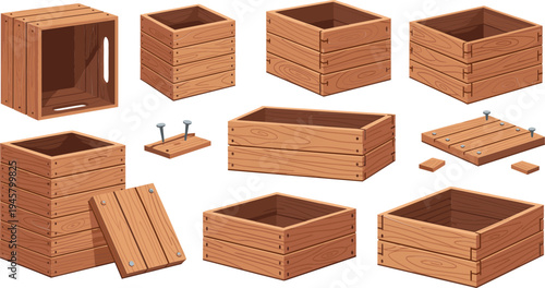 Wooden Crate Box Collection Featuring Rustic Storage Boxes, Wooden Containers, and Shipping Crates for Packaging, Transport, and Warehouse Design
