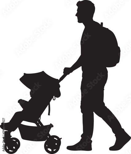 Silhouette of a man pushing a baby stroller with a backpack on also transparent background father