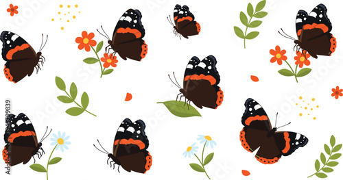 Red Admiral Butterfly Vector Set with Flying Butterflies Flowers Leaves and Nature Elements Wildlife Insect Illustration Collection