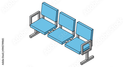 Row of three blue waiting room chairs with metal frames.