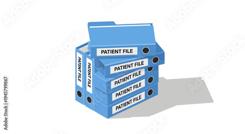 Stack of blue patient file folders with important medical documents.