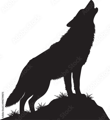 Silhouette of a wolf howling on a rocky hill also transparent background black