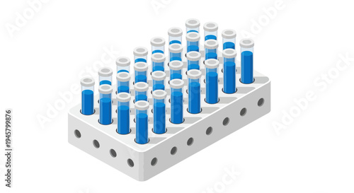 Rack of blue capped vials with clear liquid inside.