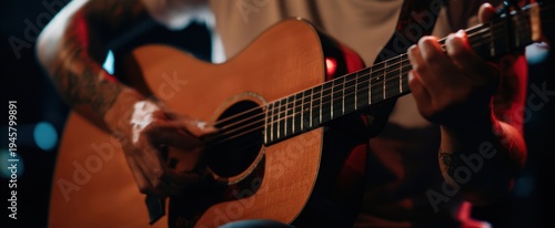 The Acoustic Guitar Close Up Featuring Tattooed Hands Strumming Warm Wood on Stage