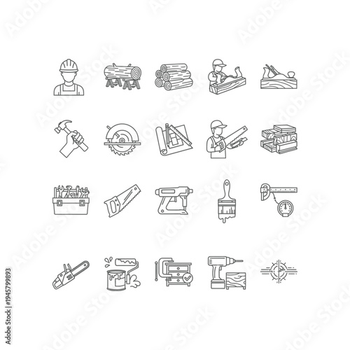 A collection of black and white line drawings of carpentry tools and workers