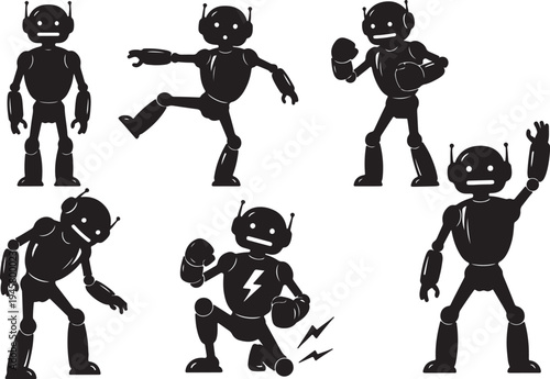 Six black silhouette robots performing various actions running jumping boxing waving and playing baseball also transparent background
