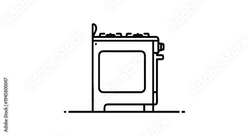 Side view of a modern kitchen stove with oven and burner controls, minimalist line art icon style illustration representing cooking appliances and home kitchen equipment
