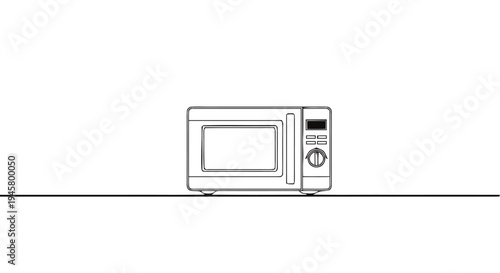 Minimalist vector line art illustration of a modern microwave oven, representing kitchen technology, convenient food preparation, and contemporary home appliance design