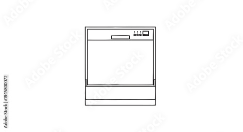 Modern kitchen appliance line art illustration featuring a front-loading dishwasher with an open door and visible rack, symbolizing efficient dish cleaning and household automation