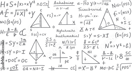 Hand drawn mathematical equations and geometric shapes on white background with grey ink mathematics