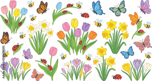 Large spring garden scene with diverse flowers butterflies and ladybugs illustration