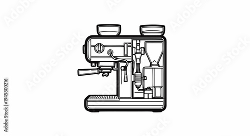 Cross section of a professional espresso coffee machine with an integrated grinder, schematic technical illustration of coffee maker internal components
