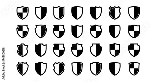 Collection of black and white heraldic shields with various checkered and divided designs on white background