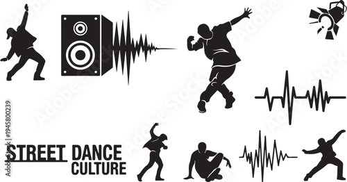 Street Dance Culture Silhouettes with Sound Waves and Speakers