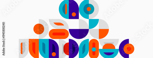 Abstract geometric shapes, vibrant colors, playful composition. Modern design, simple forms, balanced arrangement. Light background enhances visual impact.