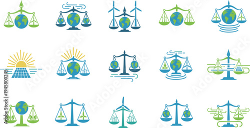 Environmental Justice and Balance Icon Set Featuring Earth Scales, Sustainability Symbols, Global Equality, Climate Responsibility, and Eco Law Concepts for Green Awareness Designs.
