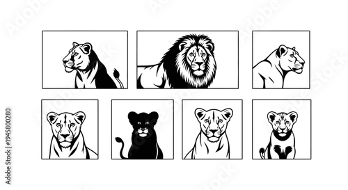 Black and white lion and lioness illustrations in various poses and expressions