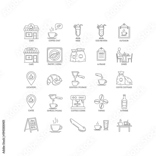 A collection of black and white icons related to coffee and bakeries