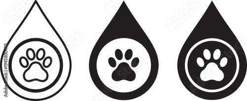 Three black and white water droplets with paw print inside also transparent background symbol