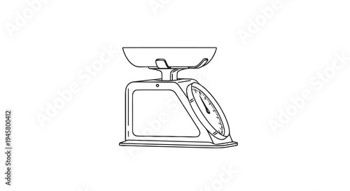 Analog kitchen scale line art drawing, mechanical food weighing appliance for baking and cooking