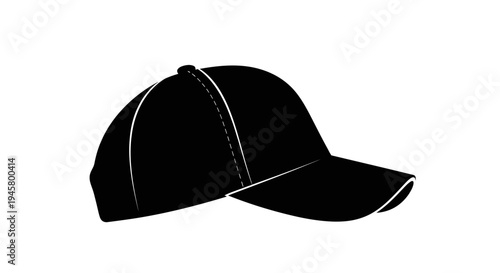 Black baseball cap with white stitching on a plain white background isolated fashion accessory