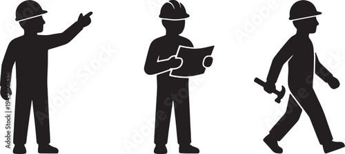 Three silhouetted construction workers wearing hard hats performing different actions also transparent background