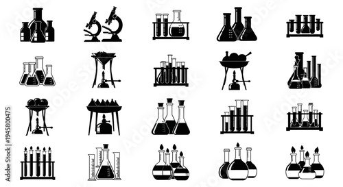 Laboratory equipment icons set including microscopes and beakers on white background for science and research themes