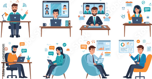 Remote work and online communication people set with laptop video conference chatting freelancing and digital office activities vector illustration