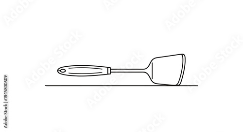 Simple monochrome line art illustration of a classic kitchen spatula, an essential utensil widely used for various cooking tasks like flipping, stirring, and serving food in any culinary environment