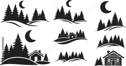 Black Silhouette Winter Landscape Icons with Trees and Houses
