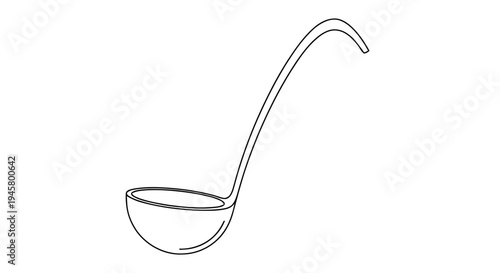 A simple line drawing of a kitchen ladle, a longhandled spoon used for serving soup, stews, or other liquids, depicted in a minimalist vector style
