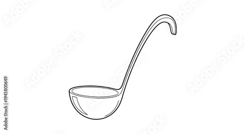 A simple, elegant line art illustration of a kitchen ladle, perfect for various culinary designs and food-related projects, depicting a common utensil for serving soups and stews