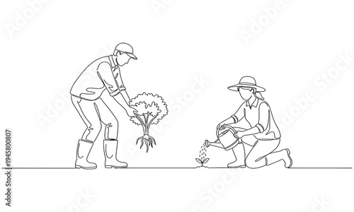 Single one line drawing of couple farmer was harvesting rice and there was also rice. Minimalism concept. One line draw graphic design vector illustration
