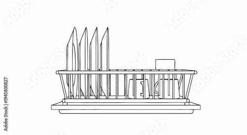 Essential Kitchen Organization A minimalist line art illustration featuring a clean dish drying rack filled with plates, bowls, and cutlery, perfect for domestic kitchen concepts