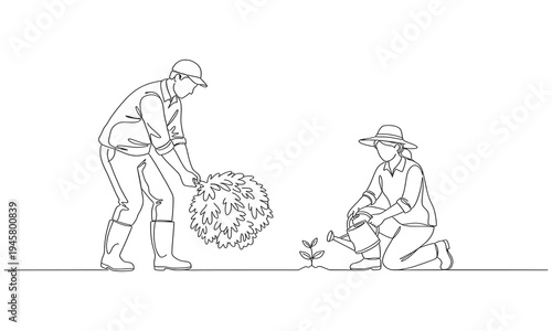 Single one line drawing of couple farmer was harvesting rice and there was also rice. Minimalism concept. One line draw graphic design vector illustration