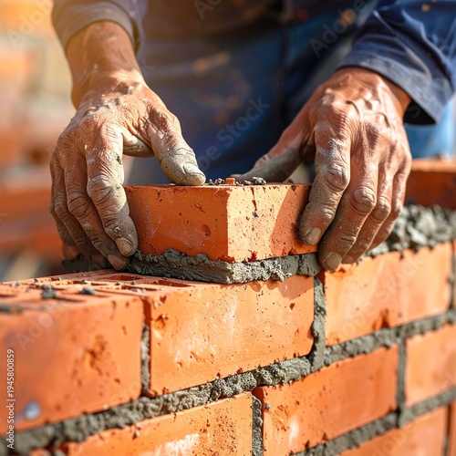 Bricklayer working on a new brick wall construction with his hands in close-up during a sunny day for construction industry.
