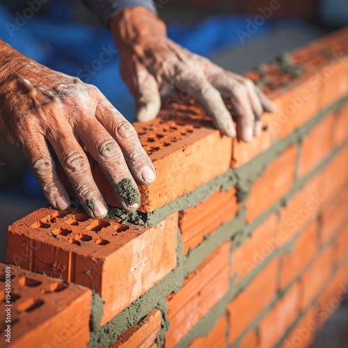 Bricklayer constructing a brick wall with mortar masonry work in progress close up of hands construction site.